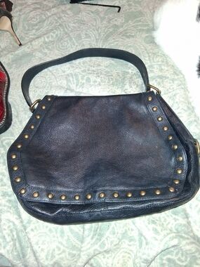 Kate Landry Stud-Trim Black Leather Slouchy Shoulder Bag